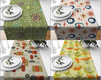 Mid Century Table Runner|Abstract Geometric Tablecloth|Atomic Print Modern Home Decor|60's 70's Kitchen Rustic Tabletop|Retro Table Runner