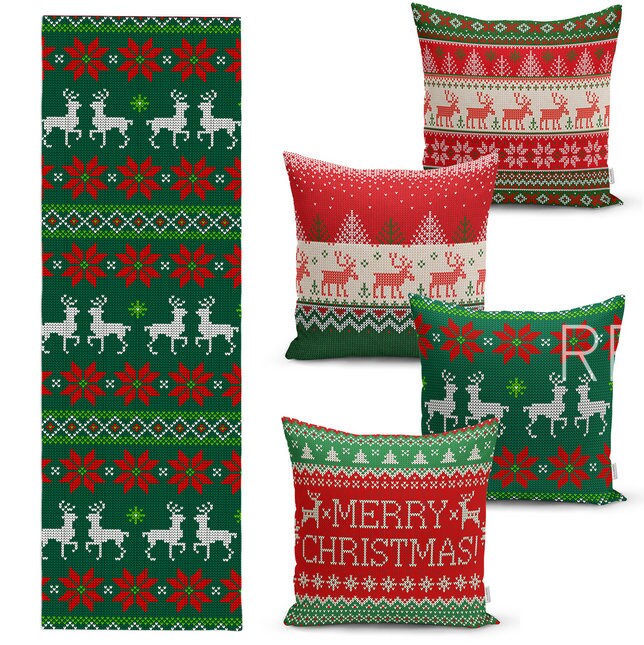 Set of 4 Christmas Pillow Covers and 1 Table Runner|Winter Trend Home Decor|Red Beige Checkered Leaves Pillow Cover|Xmas Throw Pillow Gray