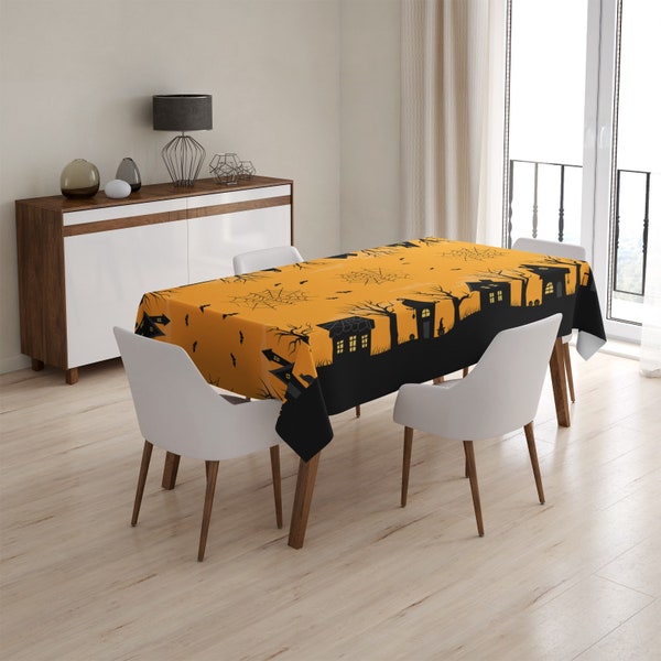 Nappe d'Halloween|Maison hantée, toile d'araignée et motif chauve-souris|Nappe d'Halloween tendance pendaison de crémaillère|Table d'Halloween orange violet jaune