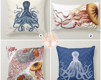 Beach House Pillow Case|Navy Marine Pillow Cover|Coastal Cushion Cover|Coral Throw Pillow|Octopus Jellyfish Sea Decor|Porch Pillow Case