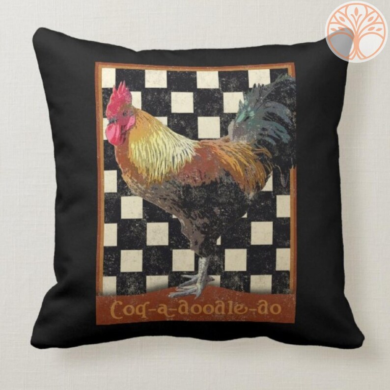 May include: A black and white checkered background with a rooster in the center. The rooster is brown, yellow, and black with a red comb. The text "Cog-a-doodle-do" is below the rooster.