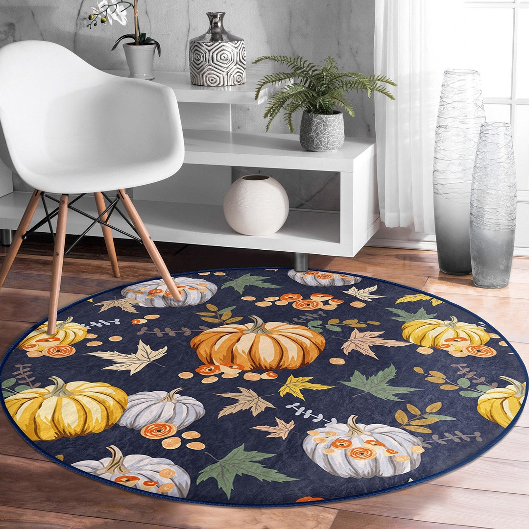 Round Autumn Rug Fall Trend Round Rug|non-slip Round Carpet|floral Orange and Gray ...