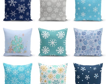 Schneeflocken Kissenbezug|Winter Wohndekoration|Winter Kissenbezug|Einweihungsparty Geschenk|Dekoratives Schneeflocken Dekokissen|Blau Weißer Kissenbezug
