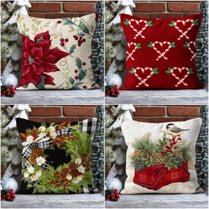 Federa per cuscino Winter Trend/Federe per cuscino Poinsettia rossa/Federe per cuscino Bacche rosse e pigne/Cuscino natalizio/Cuscino Uccello con bacche