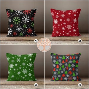 Copricuscino natalizio/Decorazione natalizia nera, rossa e verde/Copricuscino invernale decorativo/Cuscino con fiocco di neve e albero di pino/Cuscino da esterno