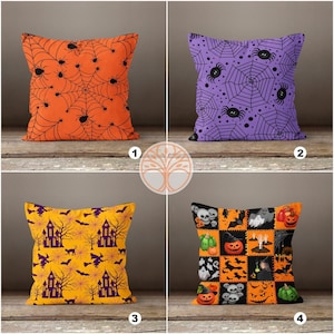 May include: Four different Halloween-themed pillow covers. The first pillow cover is orange with black spiderwebs and spiders. The second pillow cover is purple with black spiderwebs and spiders. The third pillow cover is yellow with black bats, witches, and houses. The fourth pillow cover is orange and black with a patchwork design of various Halloween images.