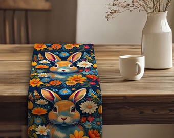 Bunny Floral Table Runner|Easter & Spring Dining Decor|Colorful Rabbit Pattern Tabletop Accent