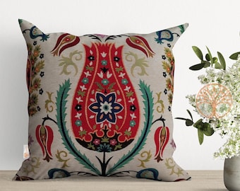 Tulip Tile Pattern Pillow Cover|Rug Tapestry Decorative Pillowcase|Housewarming Rug Throw Pillow Top|Authentic Turkish Kilim Pillow Top