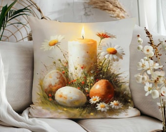 Lamb Easter Pillow Case|Nest with Eggs & Floral Cushion Cover|Cozy Spring Home Decoration with Easter Candle and Daisy Print