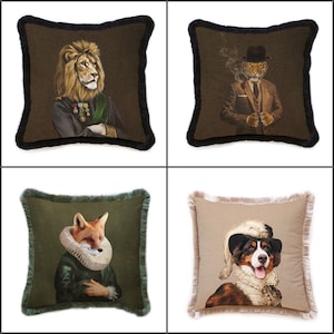 Königlicher Tier Kissenbezug|Frilly Löwe, Tiger Kissenbezug|Haustier Kostüm Kissenbezug|Fuchs und Hund Dekokissenbezug|Tierportrait Kissenbezug