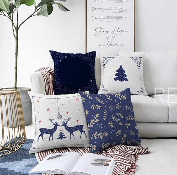 Set of 4 Christmas Pillow Coversblue White Xmas Deer Decorwinter Trend  Cushion Casebeige Blue Leaves Throw Pillowchristmas Tree Cushion 