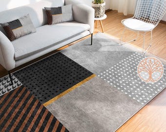 Geometric Area Rug|Boho Style Carpet|Machine-Washable Fringed Non-Slip Rug|Abstract Multi-Purpose Anti-Slip Carpet|Modern Living Room Rug
