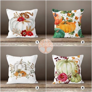 Fall Trend Pillow Cover|Floral White Orange Green Pumpkin Throw Pillow Top|Autumn Cushion Case|Housewarming Farmhouse Living Room Pillow Top