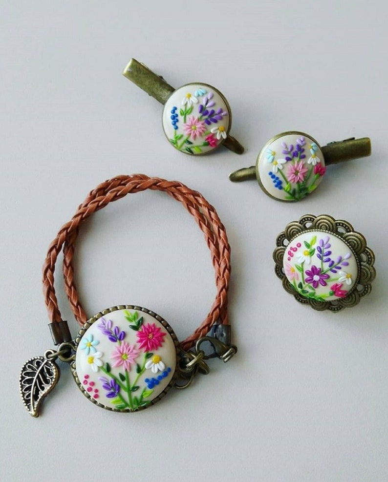 Barettes Colorful Floral Polymer Clay Jewelry Ring Bracelet Embroidery Blossom Necklace Earrings Floral Boho Gift For Her