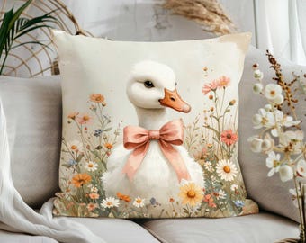 Gosling with Bow and Flowers Pillow Sham|Cute Animal Cushion Cover|Cottagecore Living Room Decor|Goose Print Pillow Cover