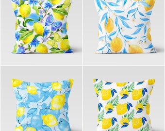 Örngott med citronblommor | Kuddfodral med citron och blå löv | Inflyttningsmotiv med gult citrusmönster | Örngott med lantlig gulblå färg