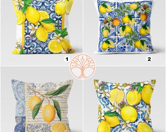 Örngott med citronmotiv och blommönster | Kuddfodral med citronmotiv | Inflyttningsmotiv med gult citrustryck | Örngott med lantligt gult blått
