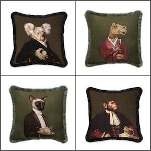 Royal Animal Pillow Cover|Frilly Koala, Camel Cushion Case|Pet Costume Pillowcase|Cat and Monkey Throw Pillow Cover|Animal Portrait Cushion