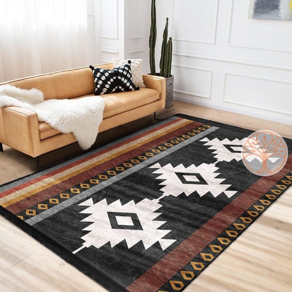 Rug Design Carpet|Southwestern Rug|Rustic Pattern Machine-Washable Non-Slip Rug|Aztec Print Fringed Anti-Slip Carpet|Ethnic Geometric Decor