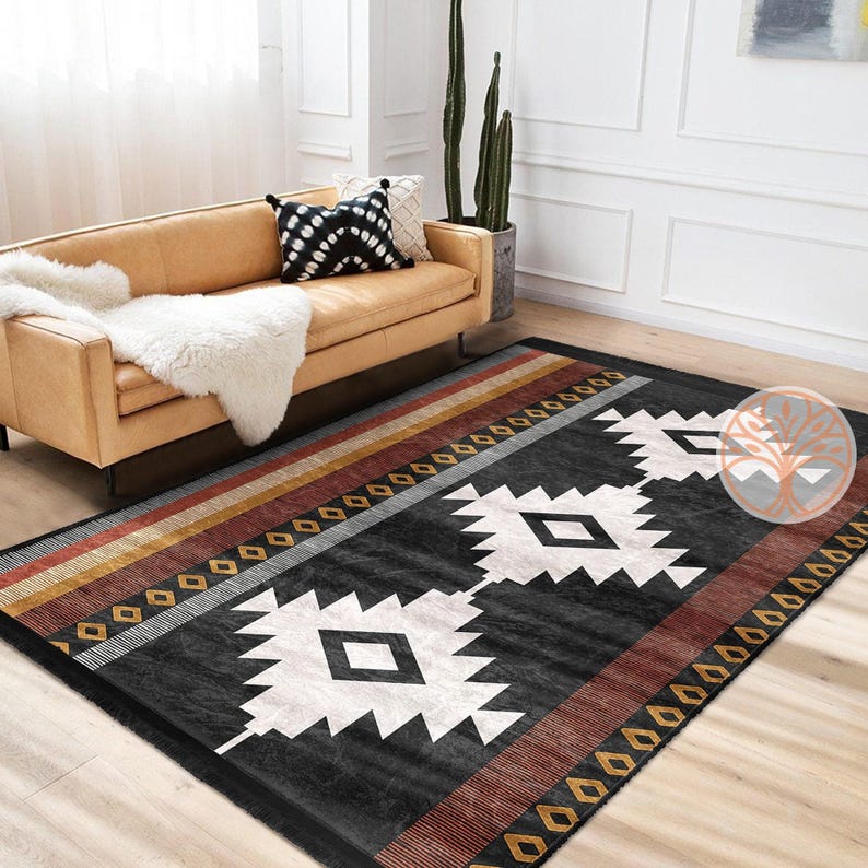 Rug Design Carpet: Black and white geometric rug with red, yellow, and brown stripes. The rug has a tribal pattern with diamond shapes and a southwestern style.