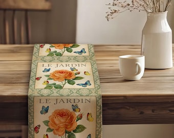 Le Jardin French Botanical Table Runner|Floral Butterfly Table Cover|Farmhouse Rustic Garden Dining Decor|Retro Table Runner