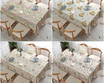 Pale Color Easter Tablecloth|Spring Tabletop|Bunny and Egg Print Table Cover|Farmhouse Tablecloth|Rustic Kitchen Decor