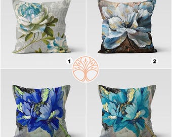 Blumen Kissenbezug|Sommertrend Dekokissenbezug|Dekorativer Kissenbezug|Blaue und Türkis Blumen Kissen|Einweihungsparty Blumen Kissenbezug
