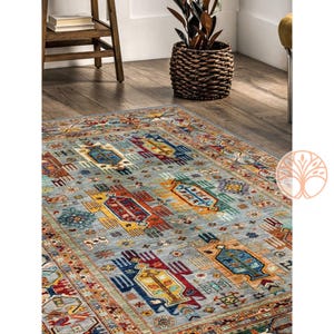 Turkish Kilim Rug|Colorful Machine-Washable Non-Slip Rug|Ethnic Design Washable Carpet|Traditional Anatolian Multi-Purpose Anti-Slip Carpet