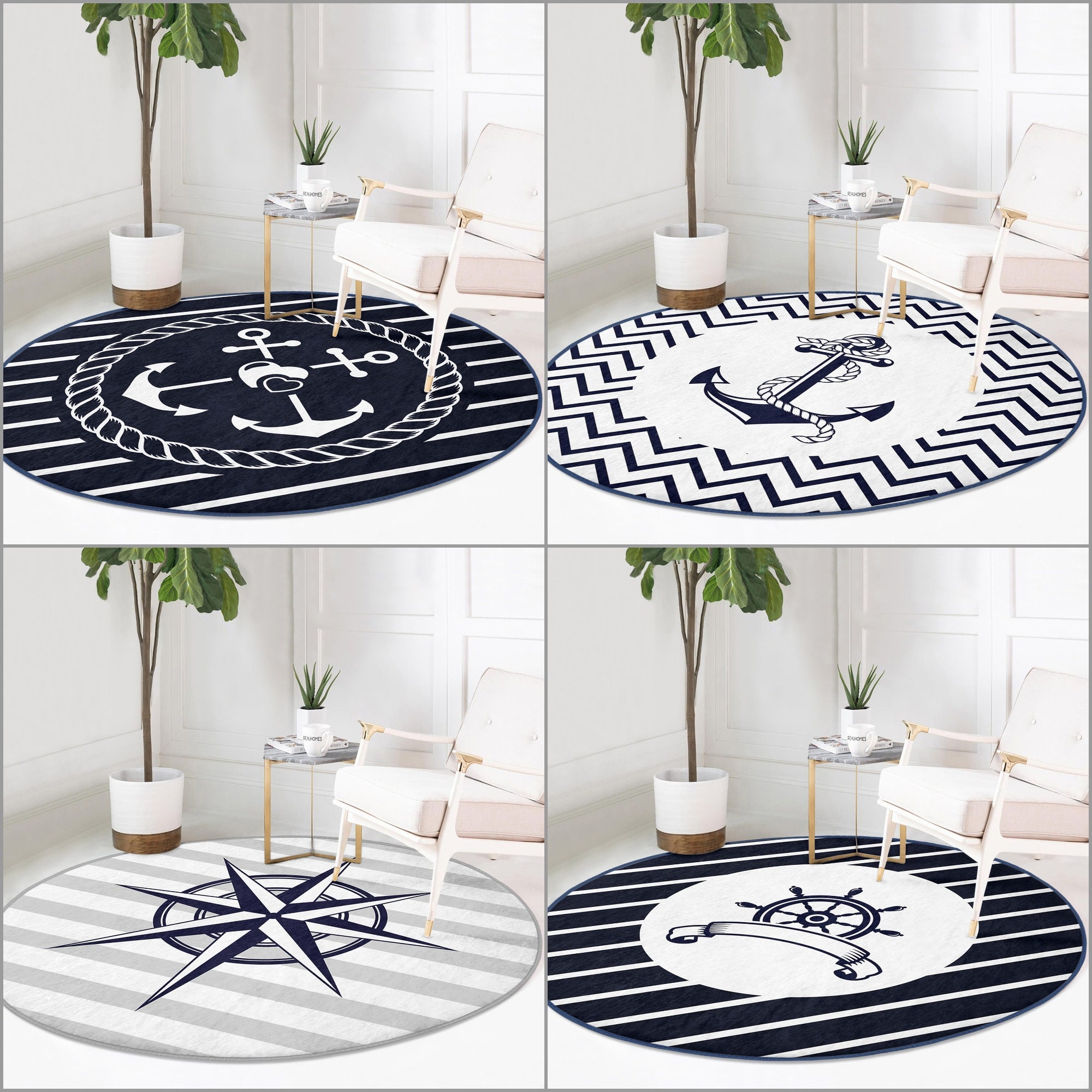 Nautical Round Rugnon slip Round Carpetstriped and Zigzag Anchor