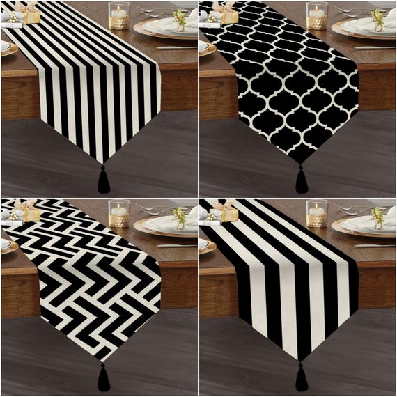 Runner da tavolo geometrico in bianco e nero/Runner da tavolo da pranzo  triangolare di alta qualità/Ripiano da tavolo decorativo/Arredamento  psichedelico per la casa/Runner con nappe -  Italia