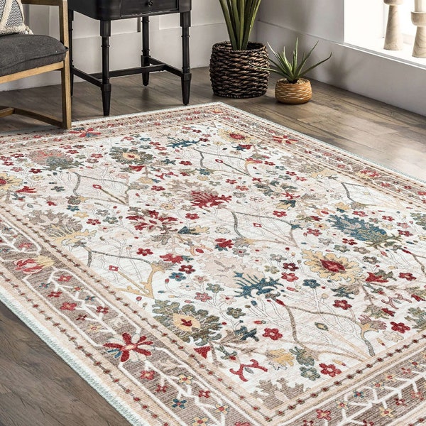 Tapis à motif carreaux|Tapis ethnique antidérapant lavable en machine|Tapis turc design kilim à fleurs|Tapis de salon bohème|Tapis polyvalent antidérapant