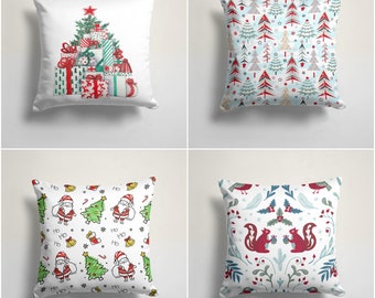 Christmas Pillow Cover|Xmas Gift Box Cushion Case|Pine Tree and Squirrel  Home Decor|Winter Trend Pillow Case|Santa Claus Print Cushion Cover