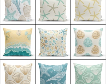 Housse de coussin maison de plage|Taie de coussin côtier|Coussins nautiques décoratifs|Coussin côtier|Décoration de coquillages bleu beige turquoise
