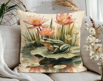 Cozy Frog Pillow Cover|Animal Print Sofa Cushion Case|Watercolor Lotus, Violin, Books & Lily Pad Print Throw Pillow Case