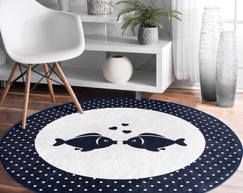 Nautical Round Rug|Non-Slip Round Carpet|Anchor and Wheel Circle Carpet|Fish and Boat Print Area Rug|Coastal Home Decor|Multi-Purpose Mat