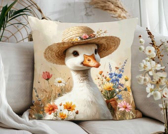 Cute Gosling Print Pillow Cover|Animal and Flowers Pillow Sham|Rustic Farmhouse Throw Pillow Case|Baby Goose in Straw Hat Cushion Cover