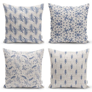 Set di 4 federe per cuscini invernali/decorazione per la casa con aghi di pino natalizi e fiocchi di neve/cuscino con fiocco di neve/cuscino invernale grigio beige