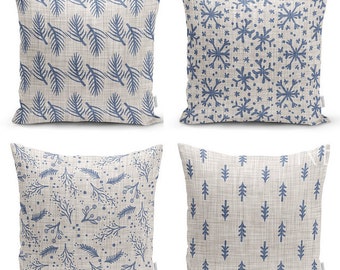 Set of 4 Winter Trend Pillow Covers|Xmas Pine Tree Needles and Snowflake Home Decor|Snowflake Pillow Top|Gray Beige Winter Throw Pillow Top