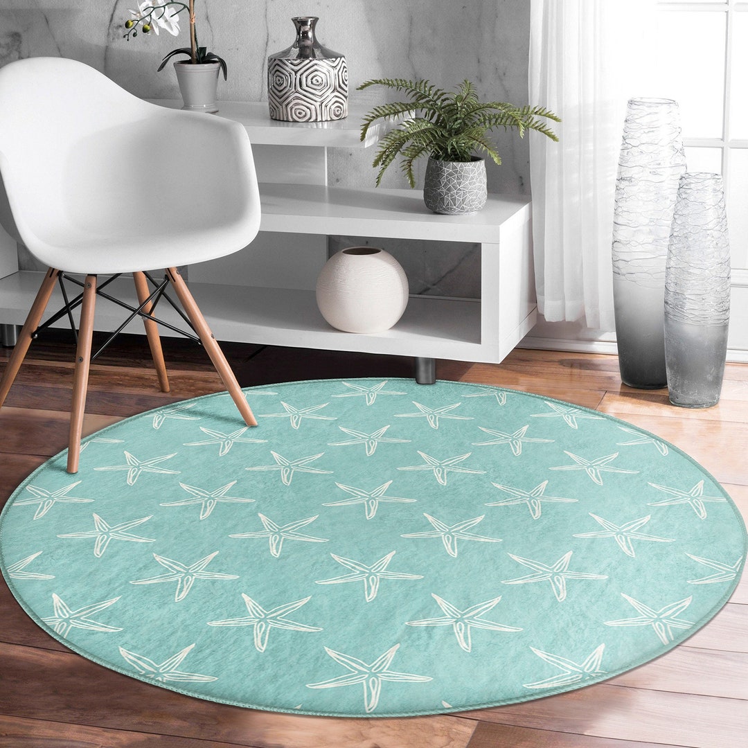 Beach House Round Rug|non-slip Round Carpet|beige Turquoise Starfish ...