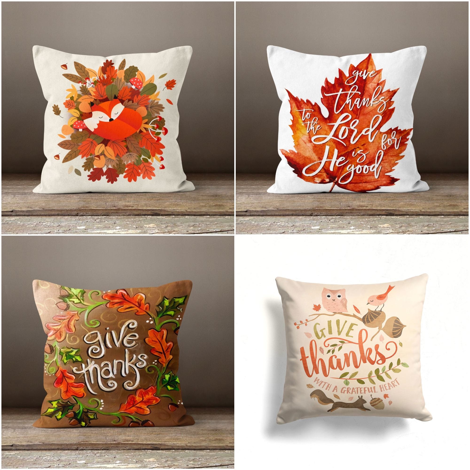 Set of 4 Thanksgiving Throw Pillow Covers with Seasonal Fall Quotes, 4  Autumn Designs (17 x 17 In)