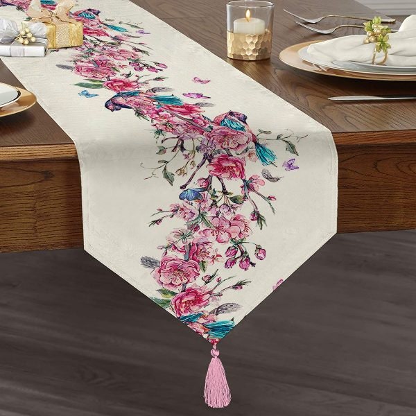 Floral Table Runner|High Quality Triangle Flowers Dining Table Runner|Summer Trend Table Decor|Farmhouse Table|Pale Colors Tasseled Runner