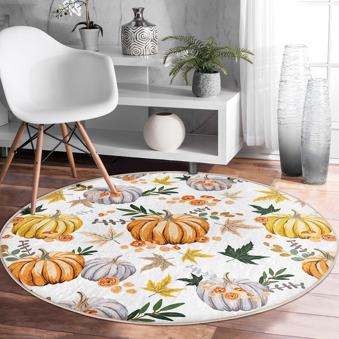 Round Autumn Rug Fall Trend Round Rug|non-slip Round Carpet|floral Orange and Gray ...
