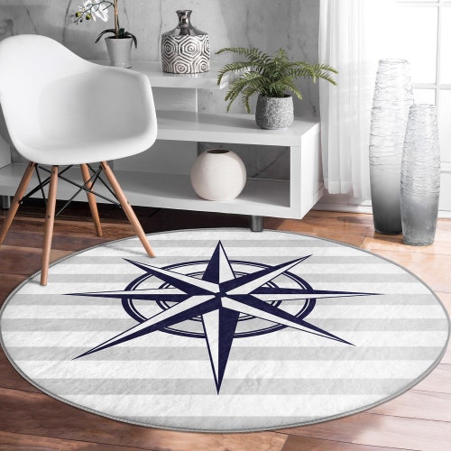 Nautical Round Rug|non-slip Round Carpet|striped and Zigzag Anchor