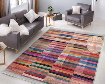 Abstract Area Rug|Bold Lines Carpet|Machine-Washable Fringed Non-Slip Rug|Colorful Multi-Purpose Anti-Slip Carpet|Abstract Living Room Rug
