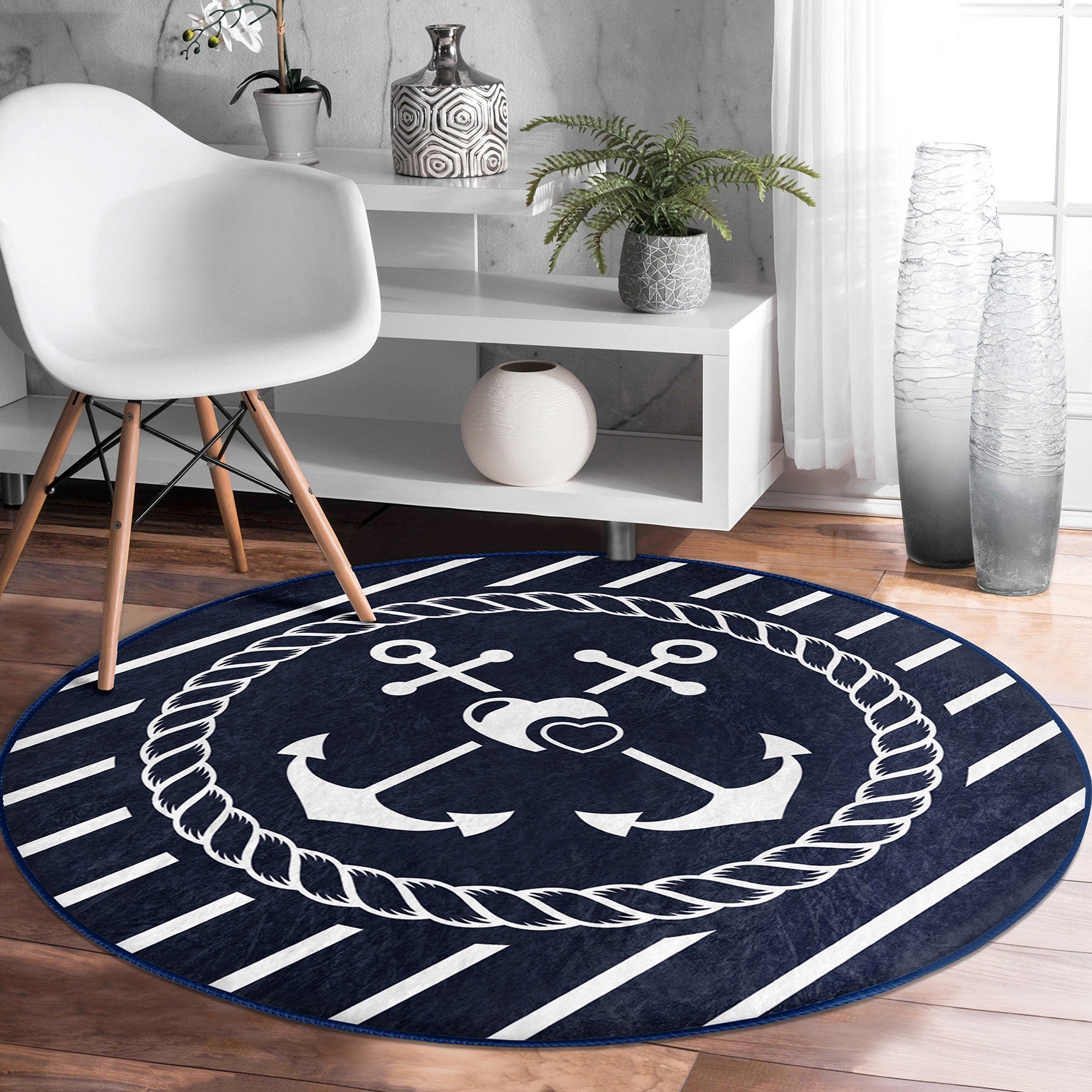 Nautical Round Rug|non-slip Round Carpet|striped and Zigzag