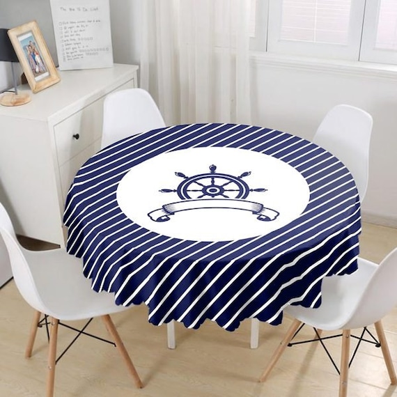 Nautical Tableclothnavy Wheel Print Round Table Linencoastal