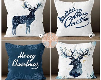Christmas Pillow Covers|Blue Deer Xmas Decor|Winter Pillow Case|Xmas Gift Ideas|Outdoor Pillow Cover|Housewarming Gift|Xmas Throw Pillow