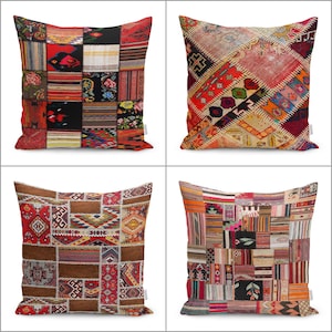 May include: Four decorative throw pillows with a patchwork design featuring various geometric patterns in shades of red, brown, black, and white.