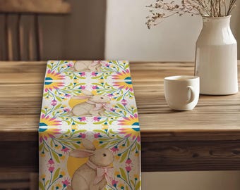 Bunny Bird Print Table Runner | Rustic Farmhouse Spring Kitchen Decor