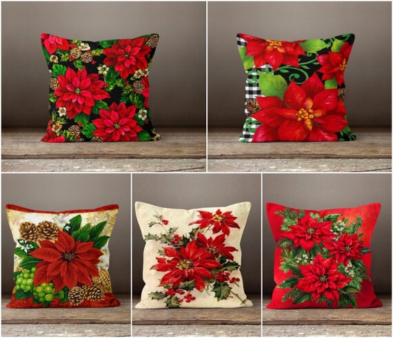 Christmas Flower Pillowxmas Red Poinsettia Cushion Casewinter Trend Pillow Topvalentine s Day Gifthousewarming Christmas Home Decor Etsy